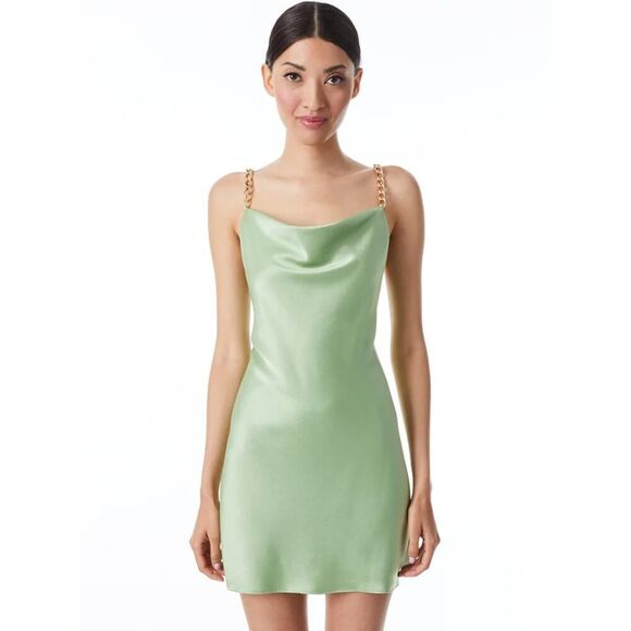 Alice + Olivia Harmony Chain Drapey Mini Slip Dress Seafoam Gold 10 - Picture 3 of 8